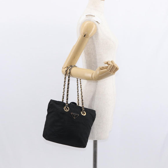 PRADA Chain Hand Bag Nylon Black Gold Auth bs31172