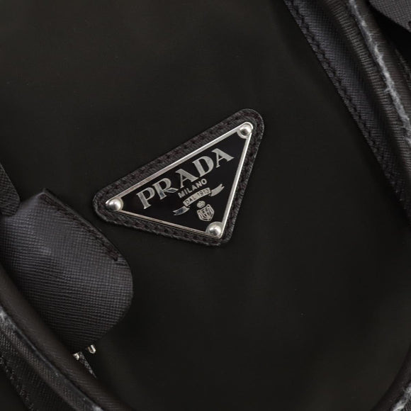 PRADA Boston Bag Nylon Leder Khaki Zilver Auth bs31176