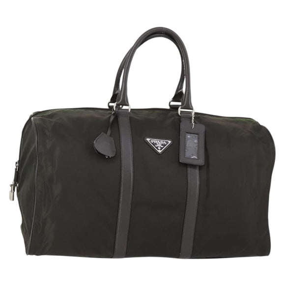 PRADA Boston Bag Nylon Leder Khaki Zilver Auth bs31176