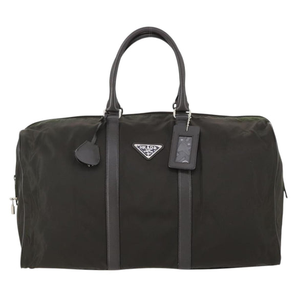 PRADA Boston Bag Nylon Leather Khaki Silver Auth bs31176