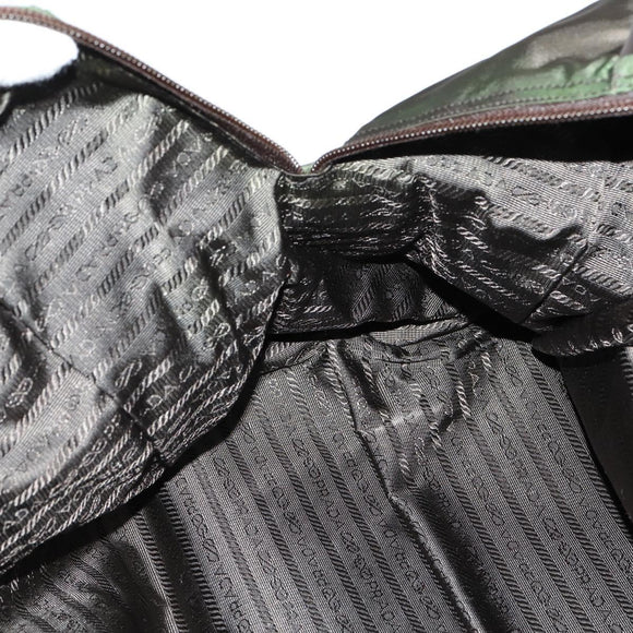 PRADA Boston Bag Nylon Leder Khaki Zilver Auth bs31176