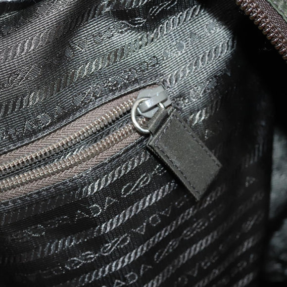PRADA Boston Bag Nylon Leder Khaki Zilver Auth bs31176