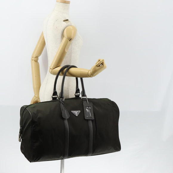 PRADA Boston Bag Nylon Leder Khaki Zilver Auth bs31176