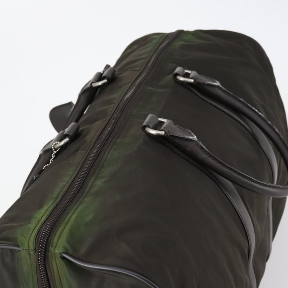 PRADA Boston Bag Nylon Leder Khaki Zilver Auth bs31176