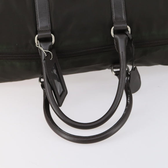 PRADA Boston Bag Nylon Leder Khaki Zilver Auth bs31176