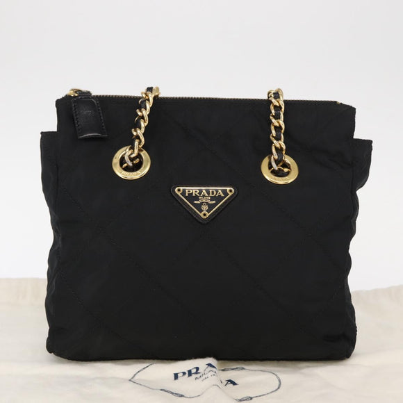 PRADA Chain Shoulder Bag Nylon Black Gold Auth bs31178