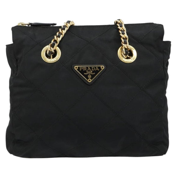 PRADA Chain Shoulder Bag Nylon Black Gold Auth bs31178