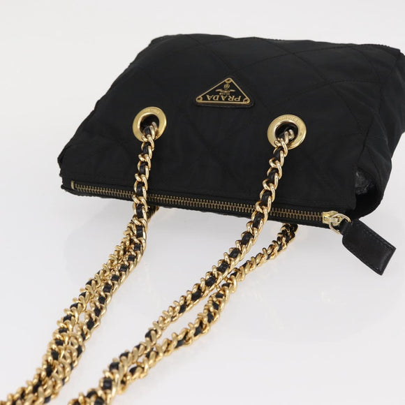 PRADA Chain Shoulder Bag Nylon Black Gold Auth bs31178