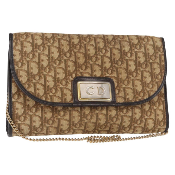Christian Dior Trotter Canvas Chain Shoulder Bag Brown Gold Auth bs31184