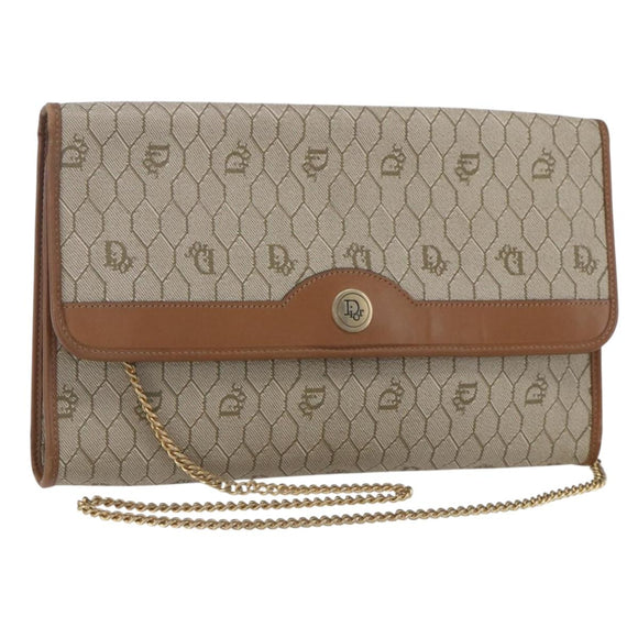 Christian Dior Honeycomb Canvas Chain Shoulder Bag PVC Beige Gold Auth bs31185