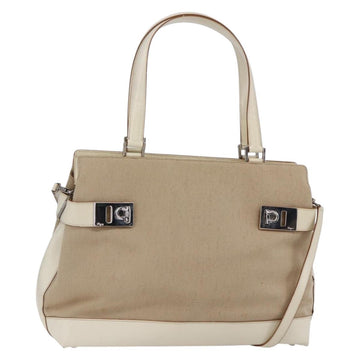 Salvatore Ferragamo Gancini Tote Bag Canvas 2way Beige Silver Auth bs31186