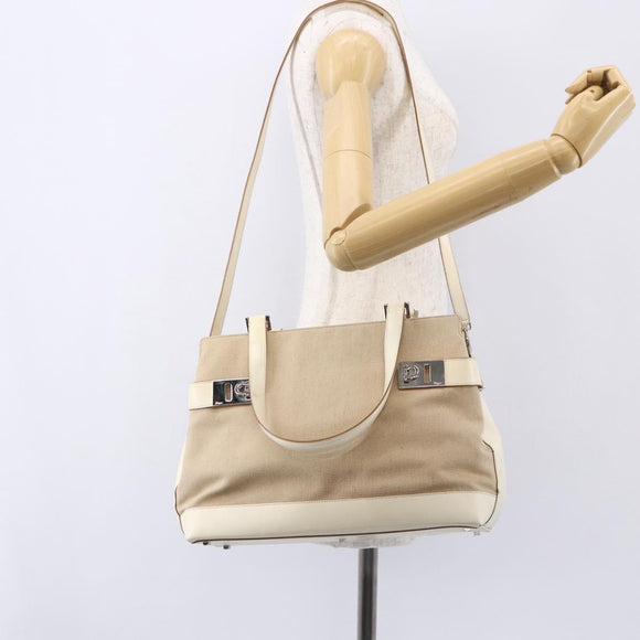 Salvatore Ferragamo Gancini Tote Bag Canvas 2way Beige Silver Auth bs31186