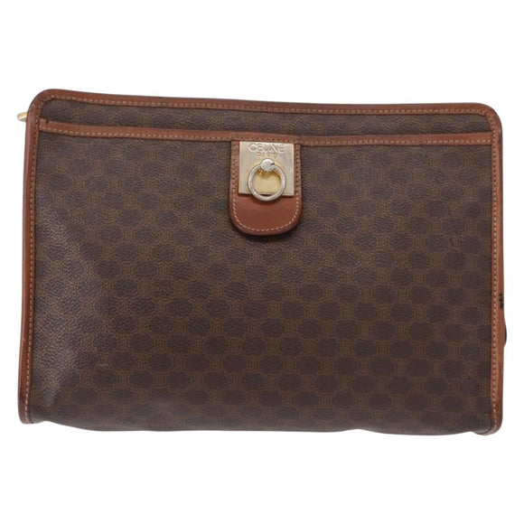 CELINE Macadam Canvas Clutch Bag PVC Leather Brown Gold Auth bs31209
