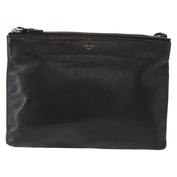 CELINE Trio Small Shoulder Bag Leather Black Gold Auth bs31212
