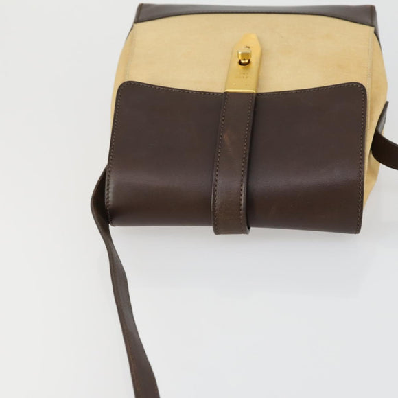 CELINE Shoulder Bag Nylon Leather Brown Gold Auth bs31215
