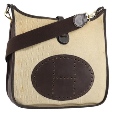 HERMES Evelyn 2 PM Shoulder Bag Leather Canvas Beige Gold Auth bs31216