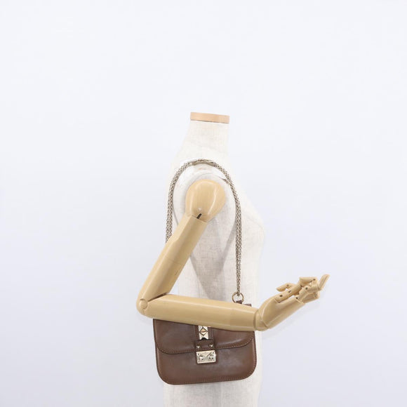 VALENTINO Studs Chain Shoulder Bag Leather Brown Gold Auth bs31220