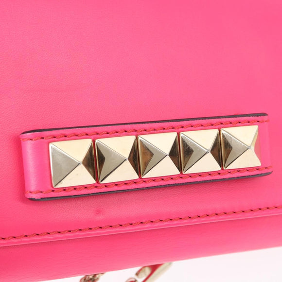 VALENTINO Studs Chain Shoulder Bag Leather Pink Gold Auth bs31221