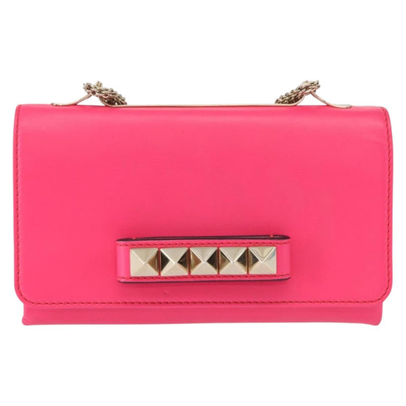 VALENTINO Studs Chain Shoulder Bag Leather Pink Gold Auth bs31221