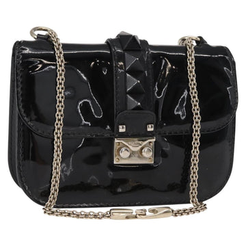 VALENTINO Studs Chain Shoulder Bag Enamel Black Silver Auth bs31222
