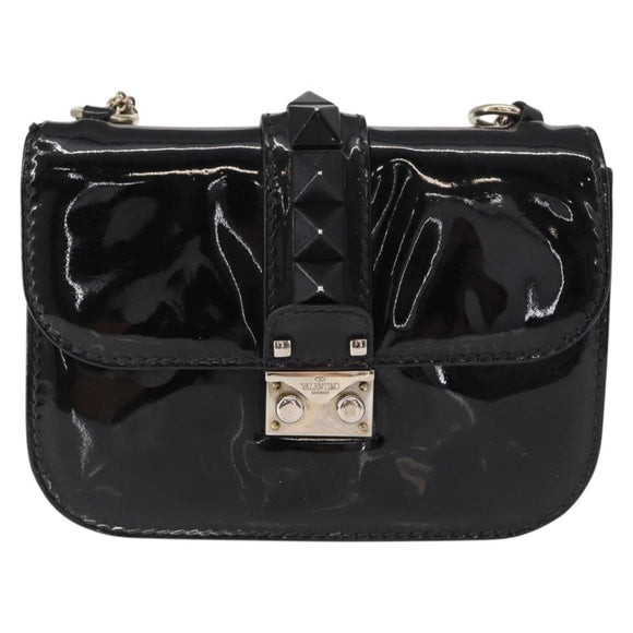 VALENTINO Studs Chain Shoulder Bag Enamel Black Silver Auth bs31222