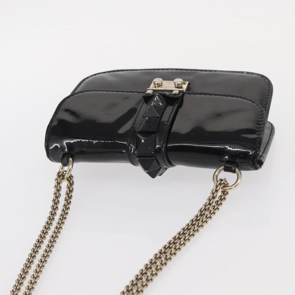 VALENTINO Studs Chain Shoulder Bag Enamel Black Silver Auth bs31222