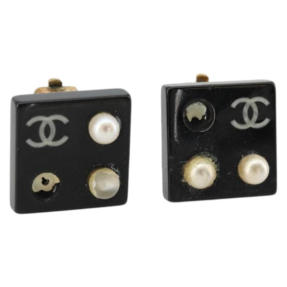 CHANEL Earring metal Black CC Auth bs31265