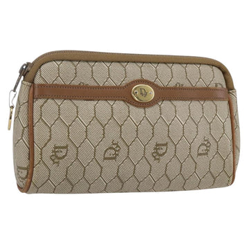 Christian Dior Honeycomb Canvas Pouch PVC Beige Gold Auth bs31266