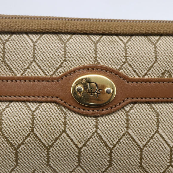 Christian Dior Honeycomb Canvas Pouch PVC Beige Gold Auth bs31266