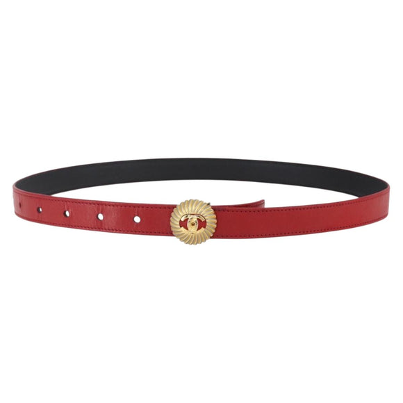 CHANEL Belt Leather 32.7"" Red Gold CC Auth bs31268