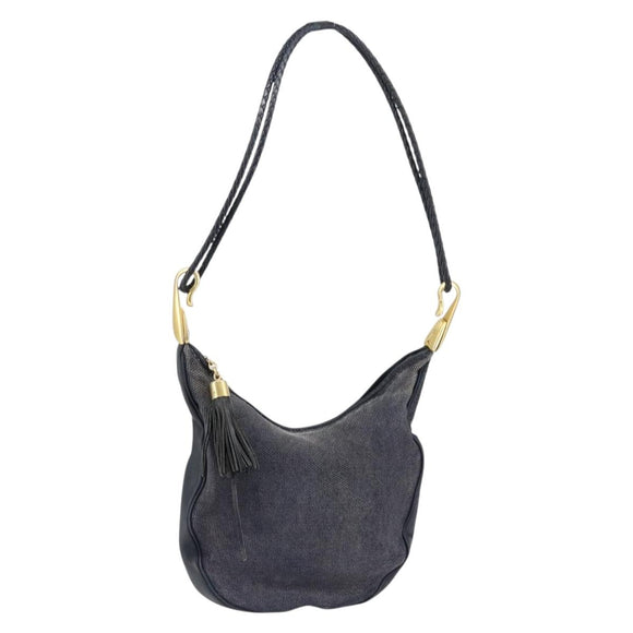 CELINE Shoulder Bag Canvas Leather Navy Gold Auth bs31271