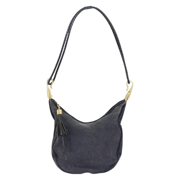 CELINE Shoulder Bag Canvas Leather Navy Gold Auth bs31271