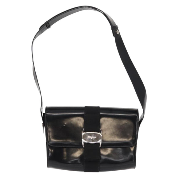 Salvatore Ferragamo Vala Shoulder Bag Nylon Enamel Black Silver Auth bs31354