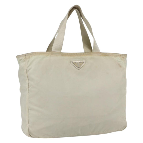 PRADA Tote Bag Nylon Beige Silver Auth bs31362