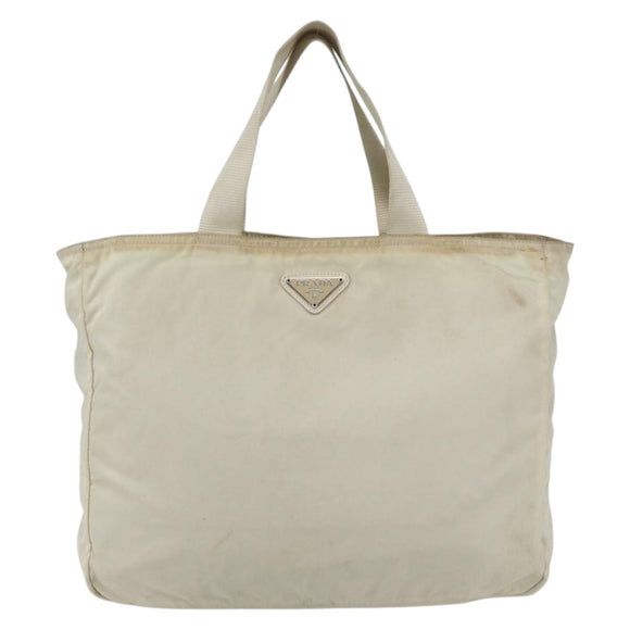 PRADA Tote Bag Nylon Beige Silver Auth bs31362