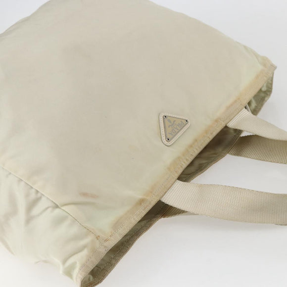 PRADA Tote Bag Nylon Beige Silver Auth bs31362