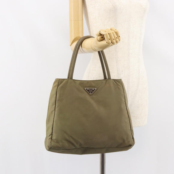 PRADA Hand Bag Nylon Khaki Silver Auth bs31364