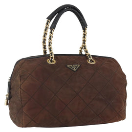 PRADA Chain Hand Bag Nylon Brown Gold Auth bs31367