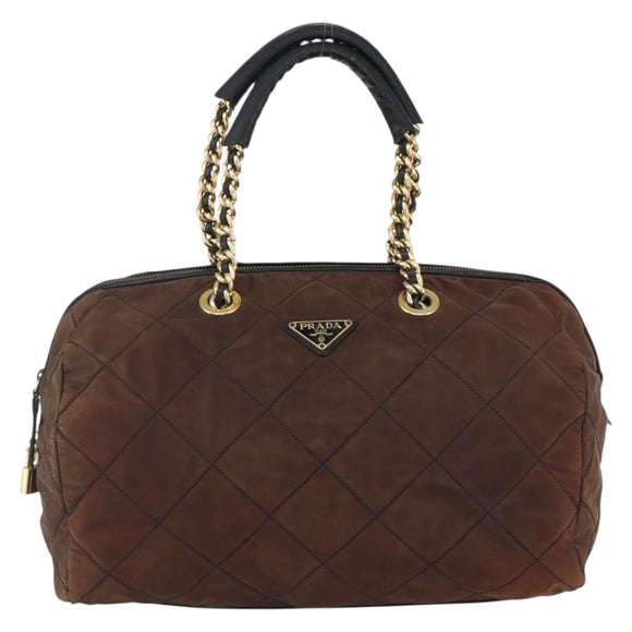 PRADA Chain Hand Bag Nylon Brown Gold Auth bs31367