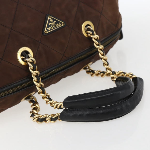 PRADA Chain Hand Bag Nylon Brown Gold Auth bs31367
