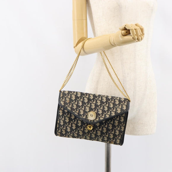 Christian Dior Trotter Canvas Chain Shoulder Bag Navy Gold Auth bs31375