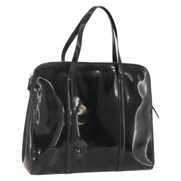 PRADA Hand Bag Enamel Black Silver Auth bs31379