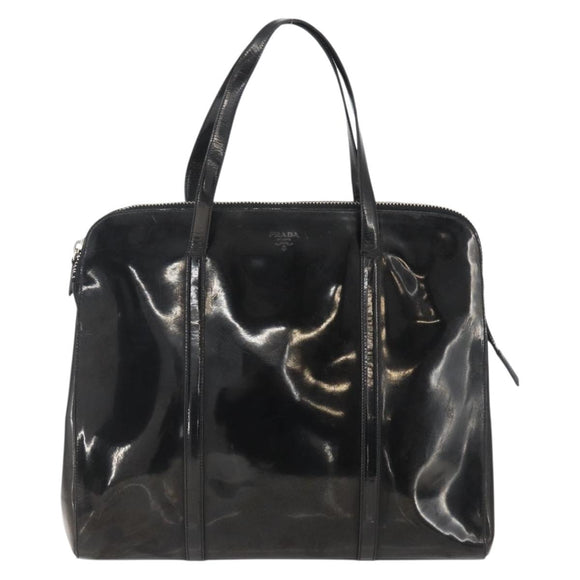 PRADA Hand Bag Enamel Black Silver Auth bs31379