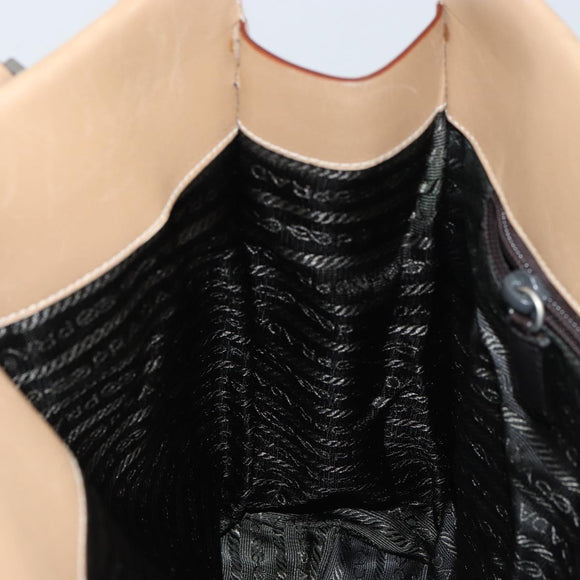 PRADA Tote Bag Leather Beige Silver Auth bs31380