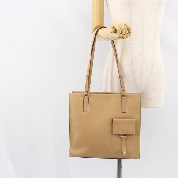 PRADA Tote Bag Leather Beige Silver Auth bs31380