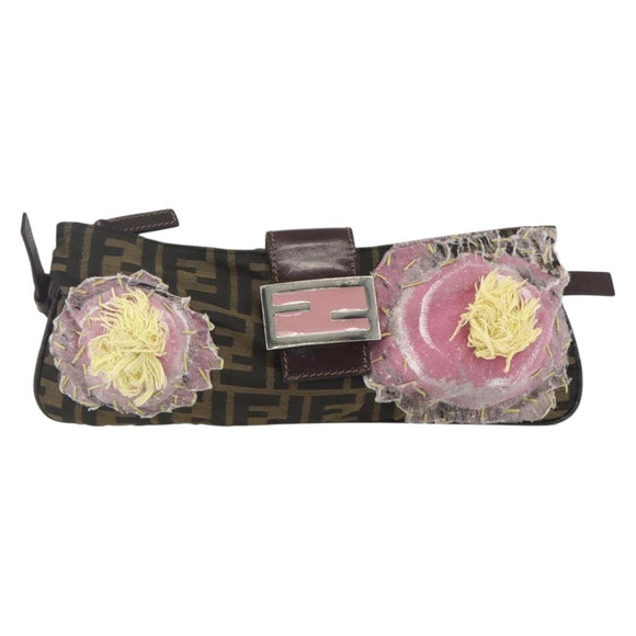 FENDI Zucca Canvas Mamma Baguette Shoulder Bag Black Brown Auth bs31386