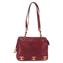 CHANEL Triple Coco Chain Shoulder Bag Lamb Skin Red Gold CC Auth bs31395-1