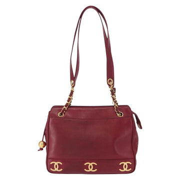 CHANEL Triple Coco Chain Shoulder Bag Lamb Skin Red Gold CC Auth bs31395 - 0