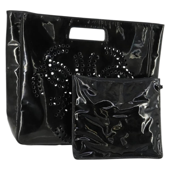 CHANEL Punching Triple Coco Hand Bag Enamel Black CC Auth bs31397