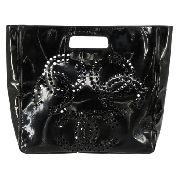 CHANEL Punching Triple Coco Hand Bag Enamel Black CC Auth bs31397